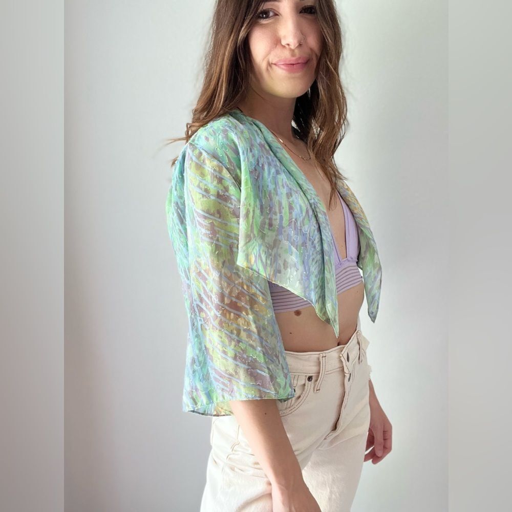 Vintage 90s Alex Evenings Petites Open Front Draped Multicolor Marbled Cardigan - Picture 2 of 11